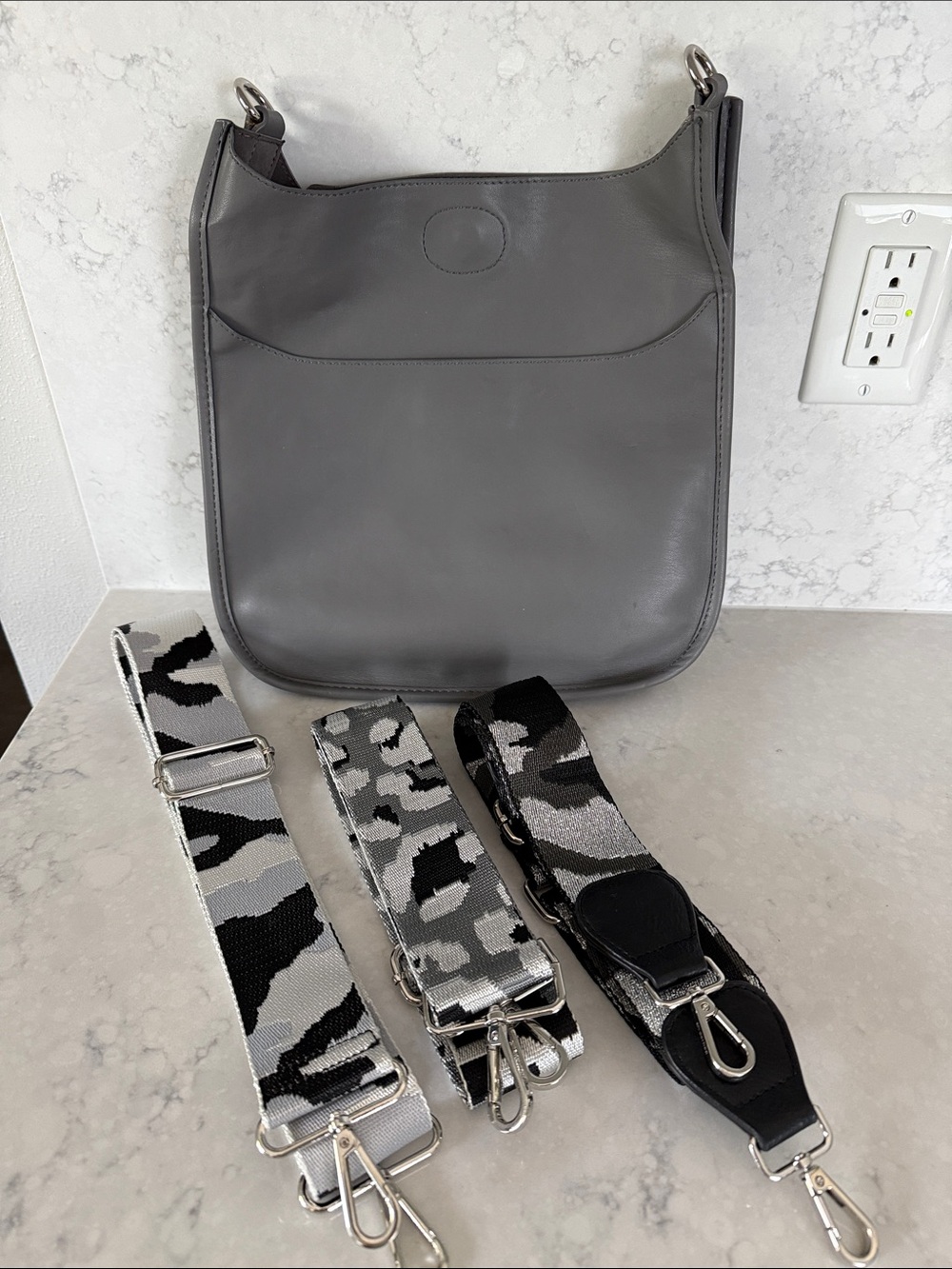 Ahdorned Gray Vegan Leather Crossbody Bag with Interchangeable Straps- 11x11x3”